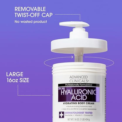 Advanced Clinicals Hyaluronic Acid Moisturizer Body Cream with Vitamin E – Hydrating Cream & Body Lotion for Women & Men, Helps Improve Look of Wrinkles, Dry Skin, Crepey Looking Skin, 16 oz, 2-Pack Avelisse