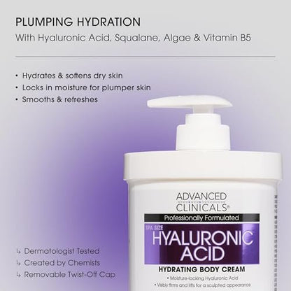 Advanced Clinicals Hyaluronic Acid Moisturizer Body Cream with Vitamin E – Hydrating Cream & Body Lotion for Women & Men, Helps Improve Look of Wrinkles, Dry Skin, Crepey Looking Skin, 16 oz, 2-Pack Avelisse