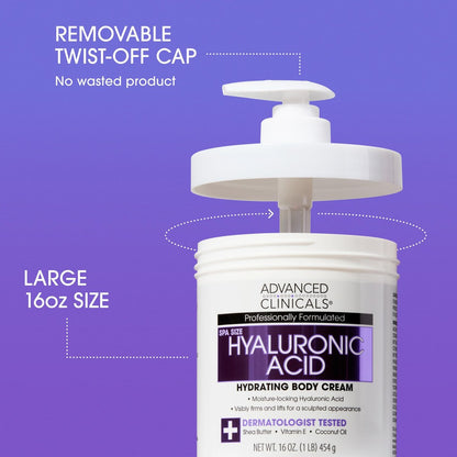 Advanced Clinicals Hyaluronic Acid Moisturizer Body Cream with Vitamin E – Hydrating Cream & Body Lotion for Women & Men, Helps Improve Look of Wrinkles, Dry Skin, Crepey Looking Skin, 16 oz, 2-Pack Avelisse