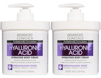 Advanced Clinicals Hyaluronic Acid Moisturizer Body Cream with Vitamin E – Hydrating Cream & Body Lotion for Women & Men, Helps Improve Look of Wrinkles, Dry Skin, Crepey Looking Skin, 16 oz, 2-Pack Avelisse