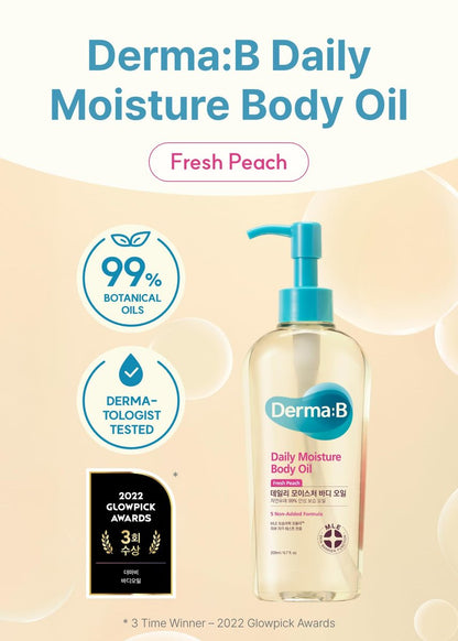 Derma B Daily Moisture Body Oil – 99% Natural Argan & Sweet Almond Oil for Dry Sensitive Skin, Light & Long-Lasting Hydration with Peach Scent, 6.78 fl oz (200ml) Avelisse