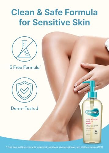 Derma B Daily Moisture Body Oil – 99% Natural Argan & Sweet Almond Oil for Dry Sensitive Skin, Light & Long-Lasting Hydration with Peach Scent, 6.78 fl oz (200ml) Avelisse