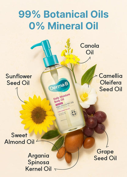 Derma B Daily Moisture Body Oil – 99% Natural Argan & Sweet Almond Oil for Dry Sensitive Skin, Light & Long-Lasting Hydration with Peach Scent, 6.78 fl oz (200ml) Avelisse
