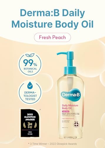 Derma B Daily Moisture Body Oil – 99% Natural Argan & Sweet Almond Oil for Dry Sensitive Skin, Light & Long-Lasting Hydration with Peach Scent, 6.78 fl oz (200ml) Avelisse