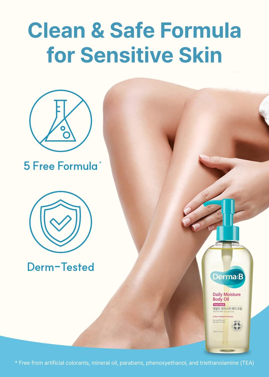 Derma B Daily Moisture Body Oil – 99% Natural Argan & Sweet Almond Oil for Dry Sensitive Skin, Light & Long-Lasting Hydration with Peach Scent, 6.78 fl oz (200ml) Avelisse