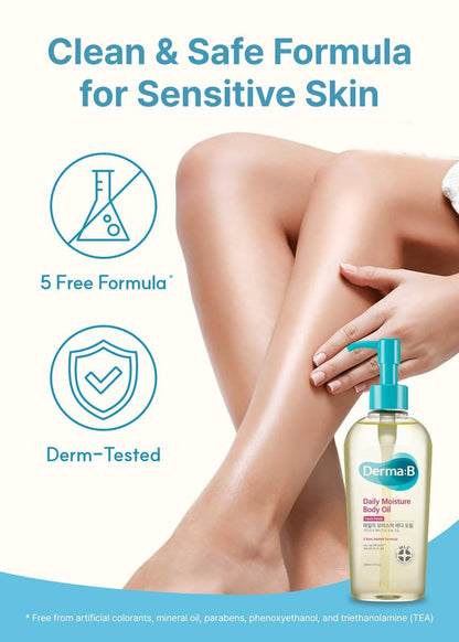 Derma B Daily Moisture Body Oil – 99% Natural Argan & Sweet Almond Oil for Dry Sensitive Skin, Light & Long-Lasting Hydration with Peach Scent, 6.78 fl oz (200ml) Avelisse