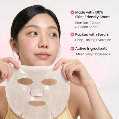 GLAM UP Korean Facial Sheet Mask 12 Combo Pack - Hydrating & Moisturizing Face Mask for Glass Skin, Soothing Korean Skincare for Sensitive Dry Skin, Bulk Face Masks Gift Set for Home Spa Avelisse