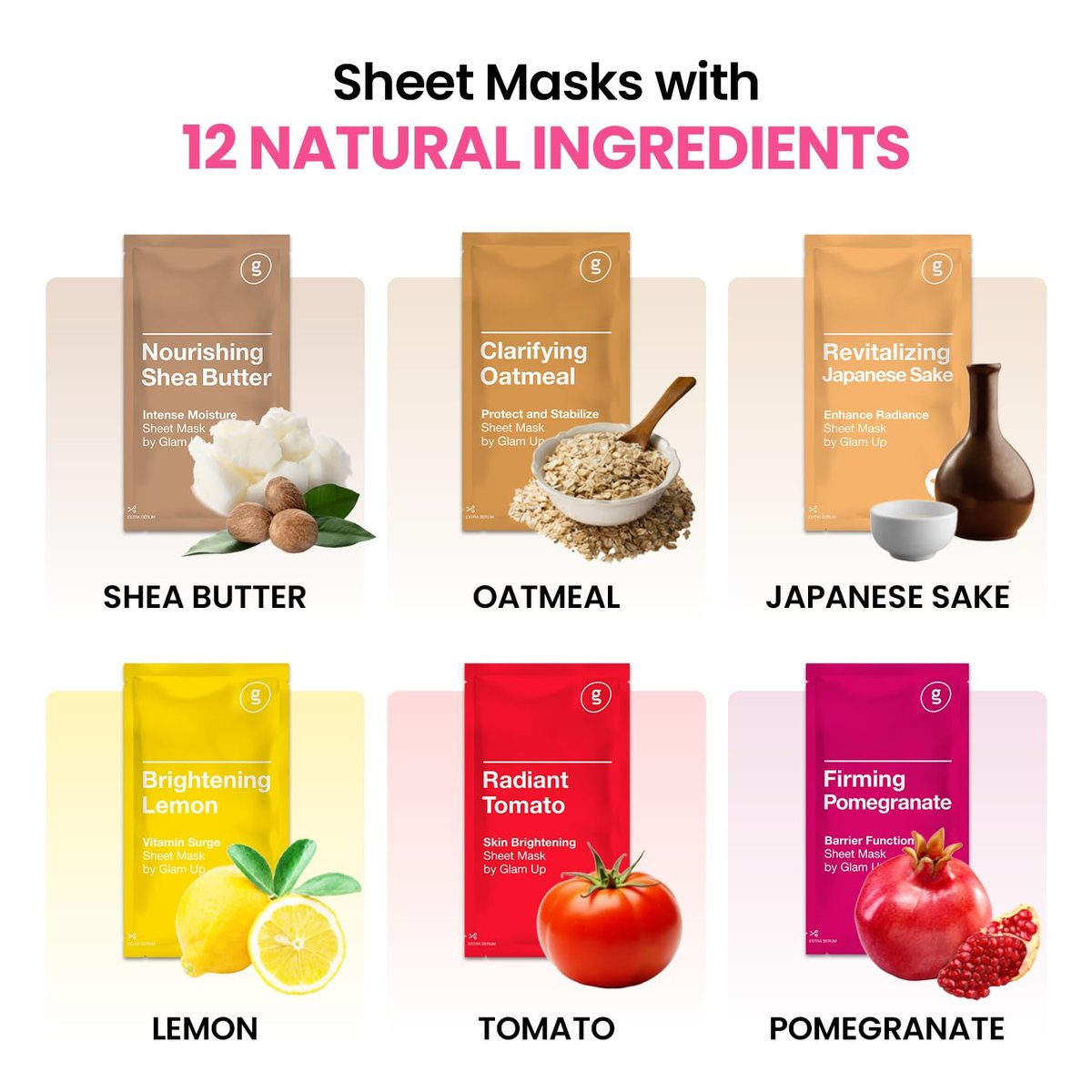 GLAM UP Korean Facial Sheet Mask 12 Combo Pack - Hydrating & Moisturizing Face Mask for Glass Skin, Soothing Korean Skincare for Sensitive Dry Skin, Bulk Face Masks Gift Set for Home Spa Avelisse