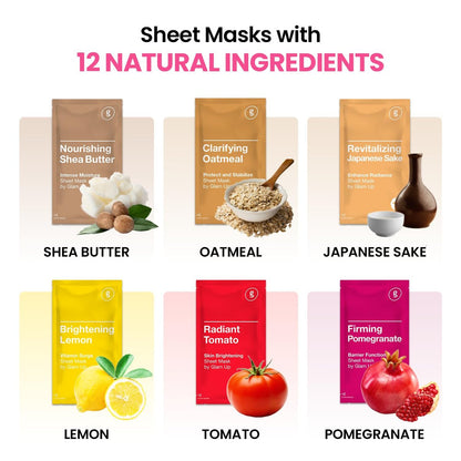 GLAM UP Korean Facial Sheet Mask 12 Combo Pack - Hydrating & Moisturizing Face Mask for Glass Skin, Soothing Korean Skincare for Sensitive Dry Skin, Bulk Face Masks Gift Set for Home Spa Avelisse