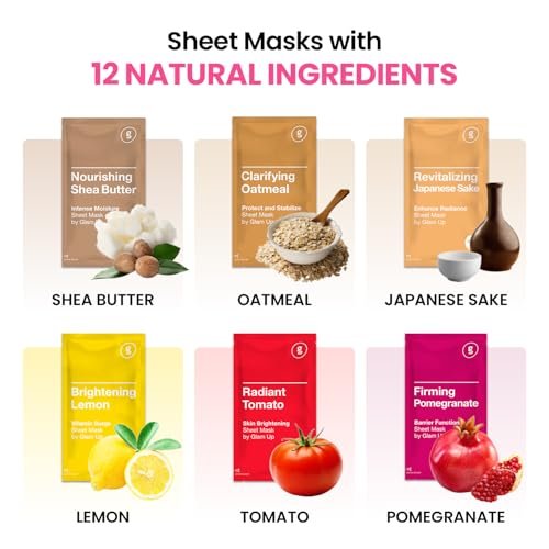 GLAM UP Korean Facial Sheet Mask 12 Combo Pack - Hydrating & Moisturizing Face Mask for Glass Skin, Soothing Korean Skincare for Sensitive Dry Skin, Bulk Face Masks Gift Set for Home Spa Avelisse