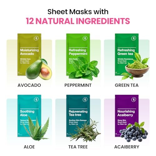 GLAM UP Korean Facial Sheet Mask 12 Combo Pack - Hydrating & Moisturizing Face Mask for Glass Skin, Soothing Korean Skincare for Sensitive Dry Skin, Bulk Face Masks Gift Set for Home Spa Avelisse