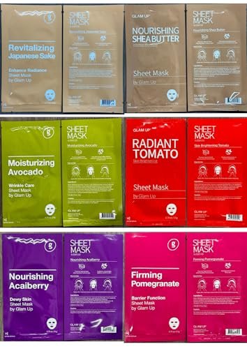 GLAM UP Korean Facial Sheet Mask 12 Combo Pack - Hydrating & Moisturizing Face Mask for Glass Skin, Soothing Korean Skincare for Sensitive Dry Skin, Bulk Face Masks Gift Set for Home Spa Avelisse