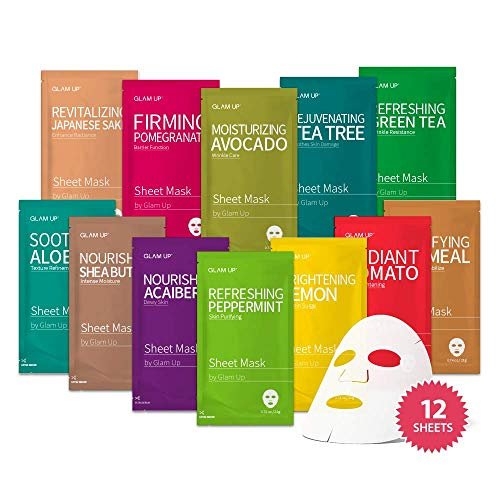 GLAM UP Korean Facial Sheet Mask 12 Combo Pack - Hydrating & Moisturizing Face Mask for Glass Skin, Soothing Korean Skincare for Sensitive Dry Skin, Bulk Face Masks Gift Set for Home Spa Avelisse