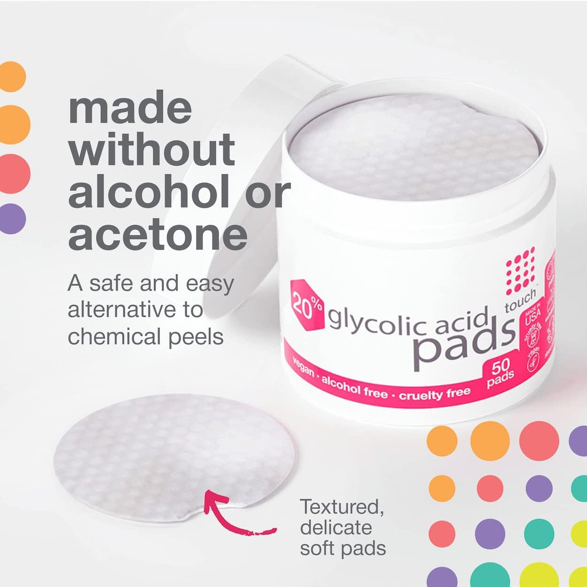 TOUCH 20% Glycolic Acid Pads - Exfoliating AHA Face Wipes for Dullness, Pores, Scars, Fine Lines & Uneven Skin Tone, 50 Count Avelisse