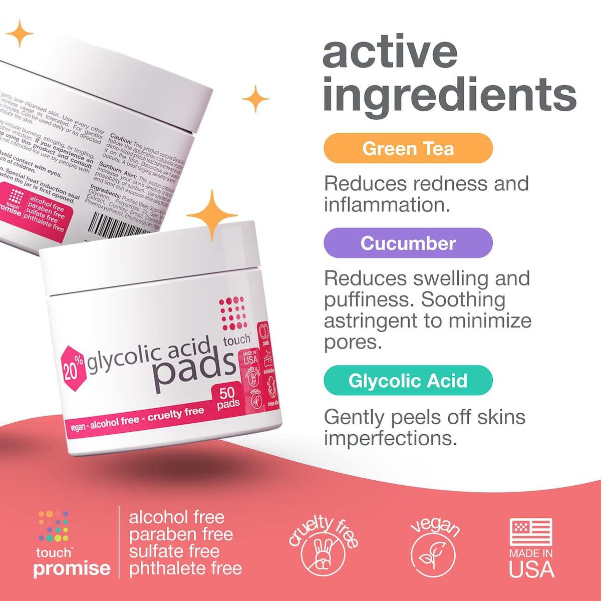 TOUCH 20% Glycolic Acid Pads - Exfoliating AHA Face Wipes for Dullness, Pores, Scars, Fine Lines & Uneven Skin Tone, 50 Count Avelisse
