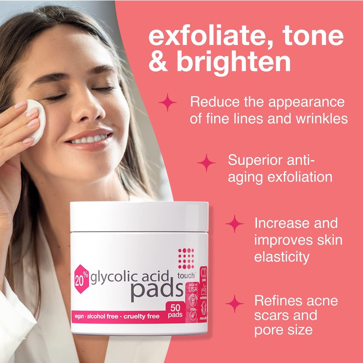 TOUCH 20% Glycolic Acid Pads - Exfoliating AHA Face Wipes for Dullness, Pores, Scars, Fine Lines & Uneven Skin Tone, 50 Count Avelisse