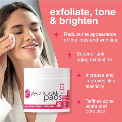 TOUCH 20% Glycolic Acid Pads - Exfoliating AHA Face Wipes for Dullness, Pores, Scars, Fine Lines & Uneven Skin Tone, 50 Count Avelisse