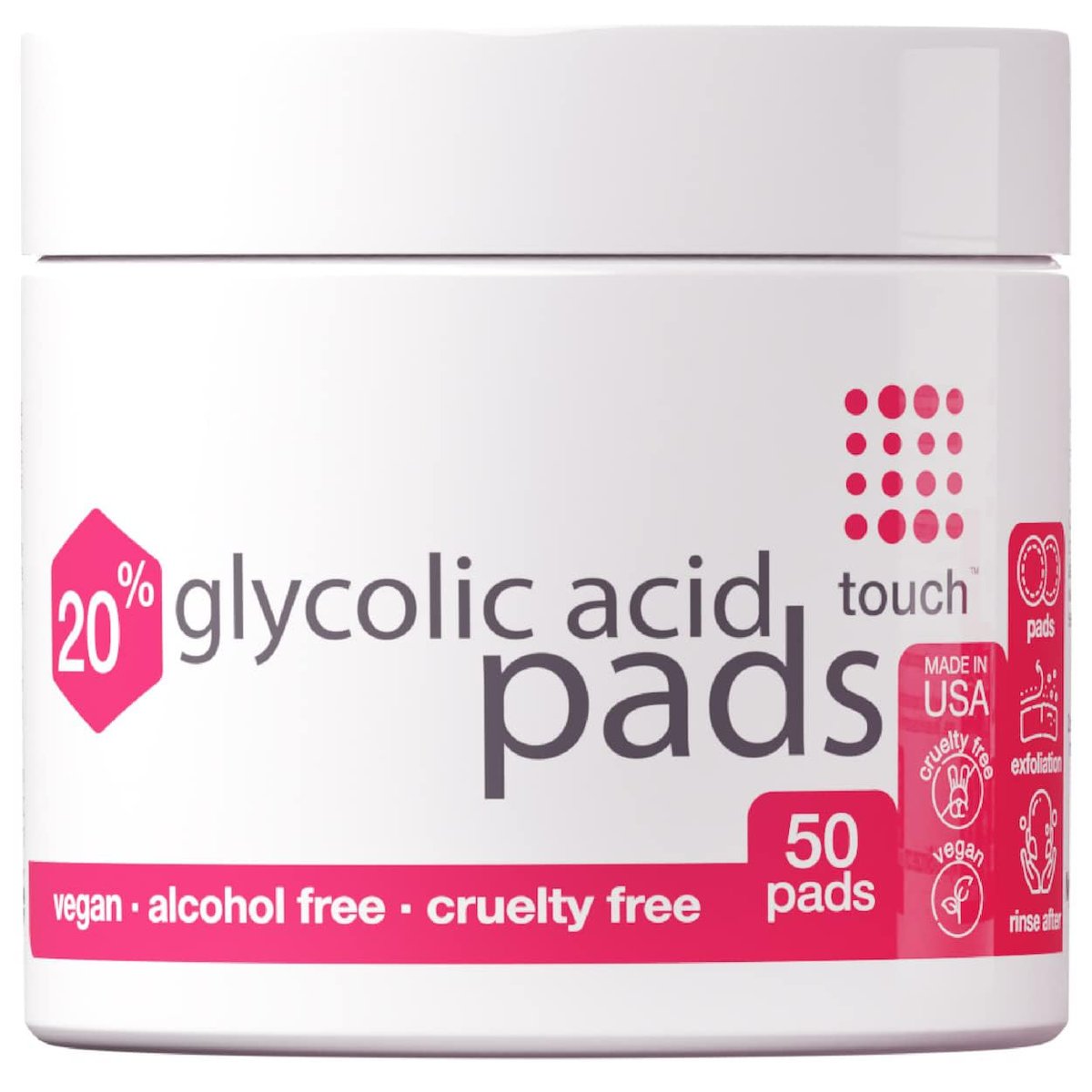 TOUCH 20% Glycolic Acid Pads - Exfoliating AHA Face Wipes for Dullness, Pores, Scars, Fine Lines & Uneven Skin Tone, 50 Count Avelisse