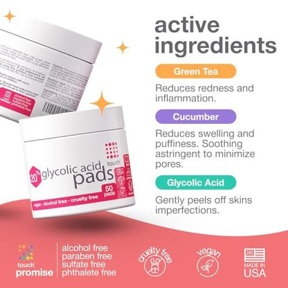 TOUCH 20% Glycolic Acid Pads - Exfoliating AHA Face Wipes for Dullness, Pores, Scars, Fine Lines & Uneven Skin Tone, 50 Count Avelisse