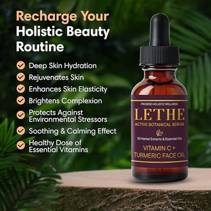 LETHE Vegan Botanical Face Serum with Vitamin C & 50 Natural Extracts – Improve Skin Tone, Firmness & Smoothness – Natural Skincare for Dark Spots & Uneven Skin – 1oz