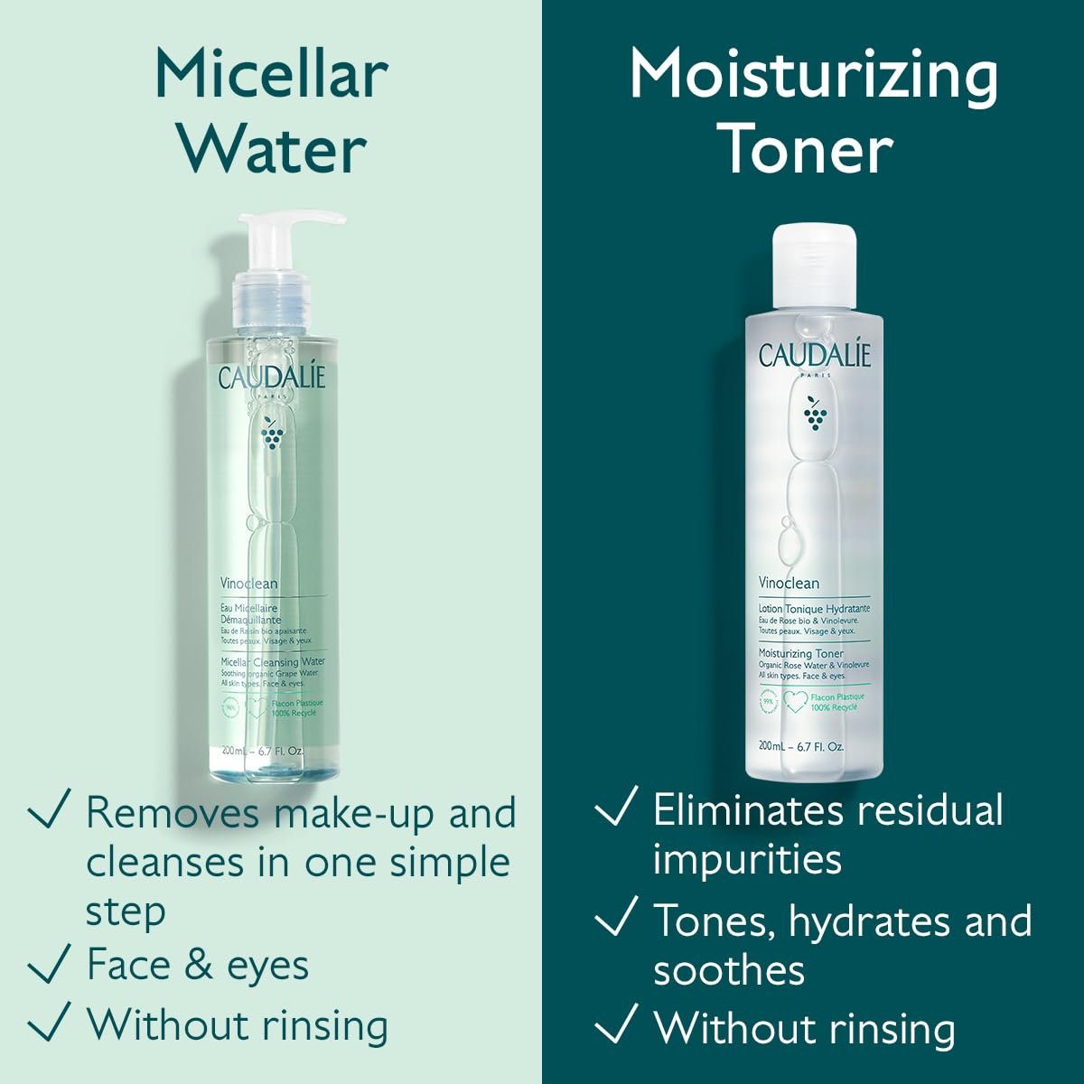 Caudalie Vinoclean Micellar Cleansing Water - 200 mL / 6.7 Fl Oz - Gentle Makeup Remover & Face Cleanser Avelisse