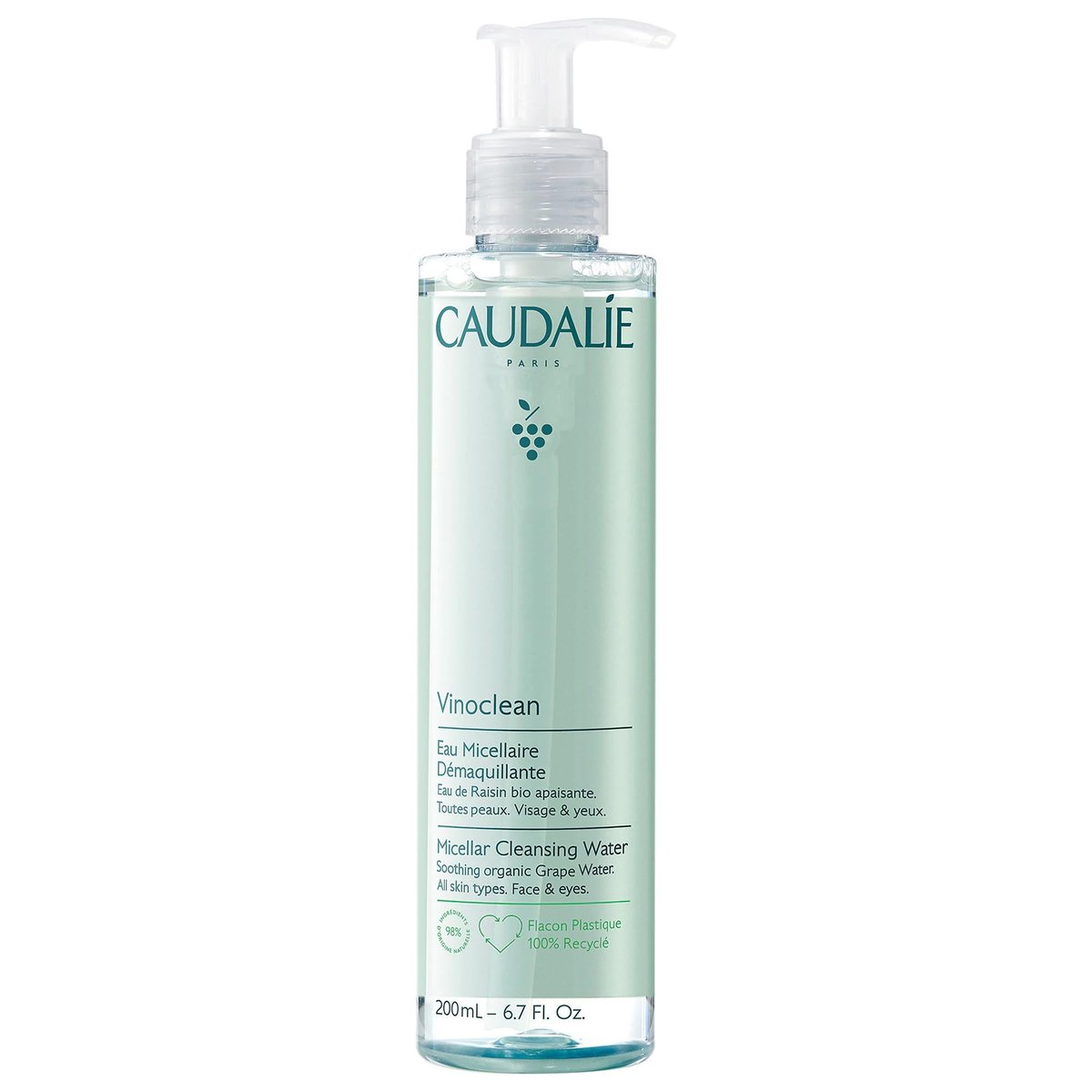 Caudalie Vinoclean Micellar Cleansing Water - 200 mL / 6.7 Fl Oz - Gentle Makeup Remover & Face Cleanser Avelisse