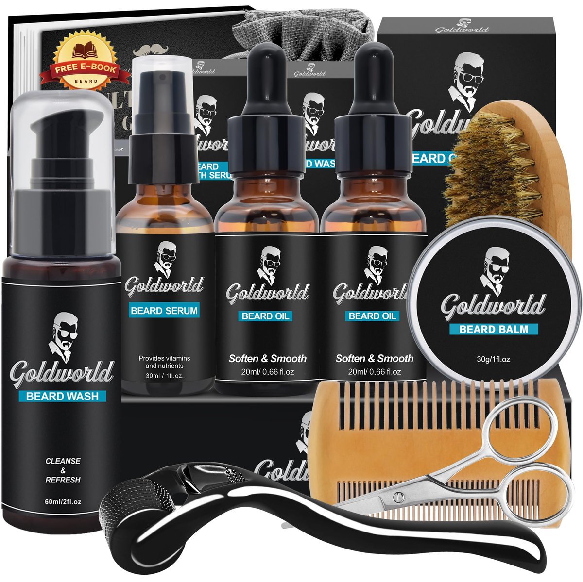 Complete Beard Grooming Kit: Wash, Oil, Balm, Brush, Comb & Scissors – GoldWorld Avelisse