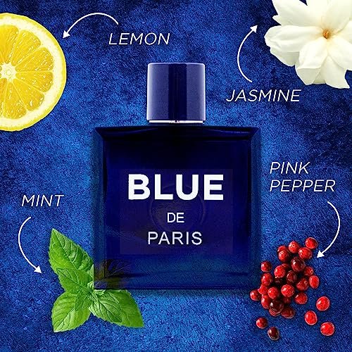 NovoGlow Blue De Paris For Men - 3.4 Fl. Oz. (100ml) Eau de Toilette - Refreshing Woody, Floral & Fruity Fragrance - Long-Lasting Masculine Scent, Ideal Gift Avelisse