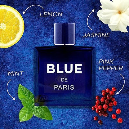 NovoGlow Blue De Paris For Men - 3.4 Fl. Oz. (100ml) Eau de Toilette - Refreshing Woody, Floral & Fruity Fragrance - Long-Lasting Masculine Scent, Ideal Gift Avelisse