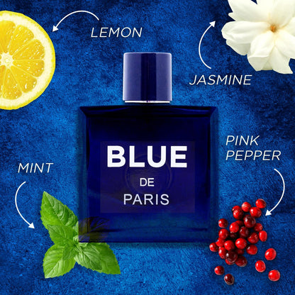 NovoGlow Blue De Paris For Men - 3.4 Fl. Oz. (100ml) Eau de Toilette - Refreshing Woody, Floral & Fruity Fragrance - Long-Lasting Masculine Scent, Ideal Gift Avelisse