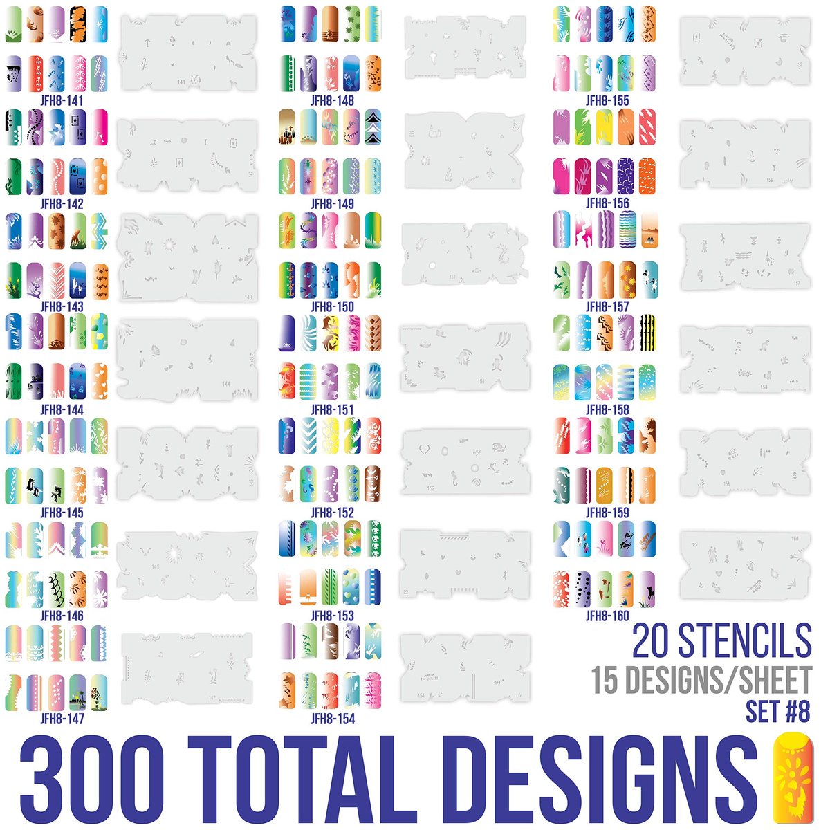 Custom Body Art Airbrush Nail Stencils Set #8 - 320 Unique Nail Art Designs from 20 Reusable Mylar Templates - görsel 3