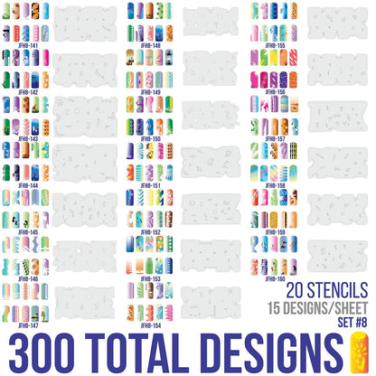Custom Body Art Airbrush Nail Stencils Set #8 - 320 Unique Nail Art Designs from 20 Reusable Mylar Templates