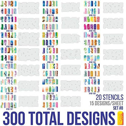 Custom Body Art Airbrush Nail Stencils Set #8 - 320 Unique Nail Art Designs from 20 Reusable Mylar Templates