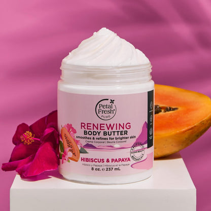 Petal Fresh Pure Renewing Hibiscus & Papaya Body Butter - Organic Coconut Oil, Argan Oil, Shea Butter - Skin Softening Moisturizer for All Skin Types - Vegan & Cruelty Free - 8 oz