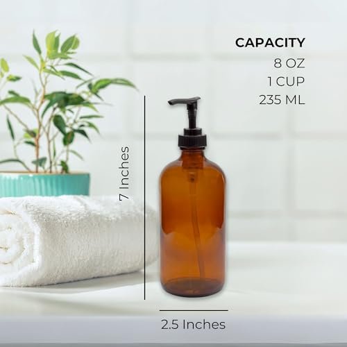 Cornucopia Brands 8oz Glass Pump Bottles, Pack of 4 - Amber Brown Lotion Soap Dispensers with Black Plastic Pumps Avelisse