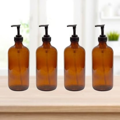 Cornucopia Brands 8oz Glass Pump Bottles, Pack of 4 - Amber Brown Lotion Soap Dispensers with Black Plastic Pumps Avelisse