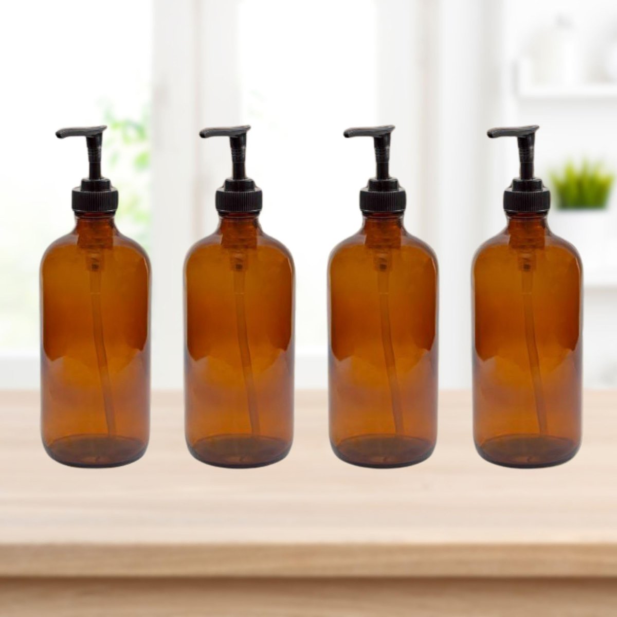 Cornucopia Brands 8oz Glass Pump Bottles, Pack of 4 - Amber Brown Lotion Soap Dispensers with Black Plastic Pumps Avelisse