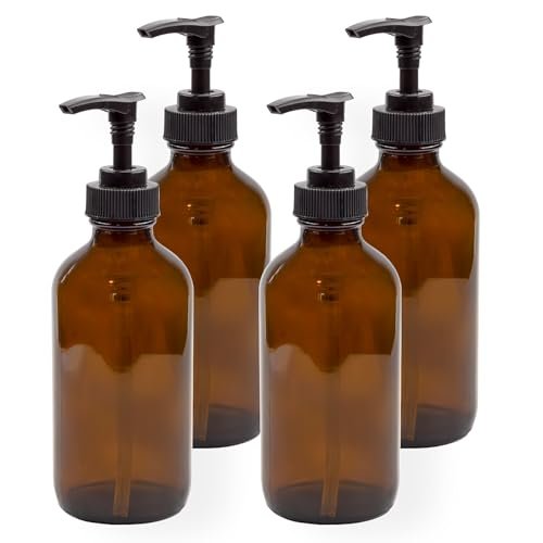 Cornucopia Brands 8oz Glass Pump Bottles, Pack of 4 - Amber Brown Lotion Soap Dispensers with Black Plastic Pumps Avelisse