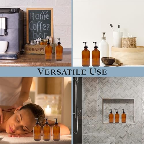 Cornucopia Brands 8oz Glass Pump Bottles, Pack of 4 - Amber Brown Lotion Soap Dispensers with Black Plastic Pumps Avelisse