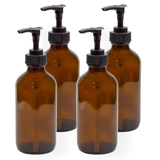 Cornucopia Brands 8oz Glass Pump Bottles, Pack of 4 - Amber Brown Lotion Soap Dispensers with Black Plastic Pumps Avelisse