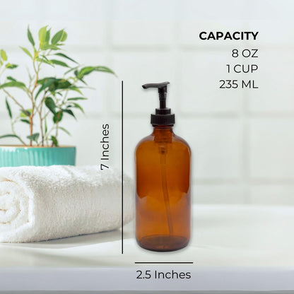 Cornucopia Brands 8oz Glass Pump Bottles, Pack of 4 - Amber Brown Lotion Soap Dispensers with Black Plastic Pumps Avelisse