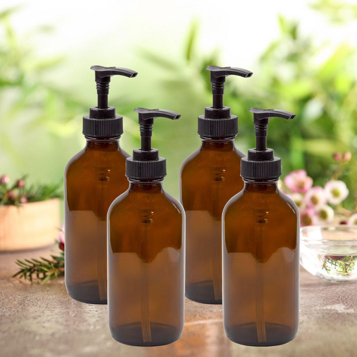 Cornucopia Brands 8oz Glass Pump Bottles, Pack of 4 - Amber Brown Lotion Soap Dispensers with Black Plastic Pumps Avelisse