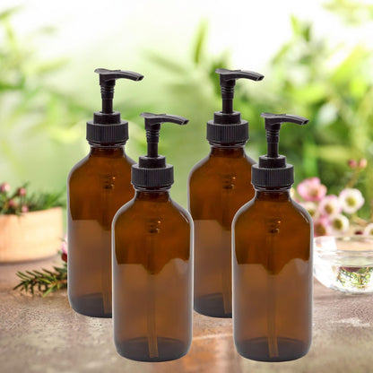 Cornucopia Brands 8oz Glass Pump Bottles, Pack of 4 - Amber Brown Lotion Soap Dispensers with Black Plastic Pumps Avelisse