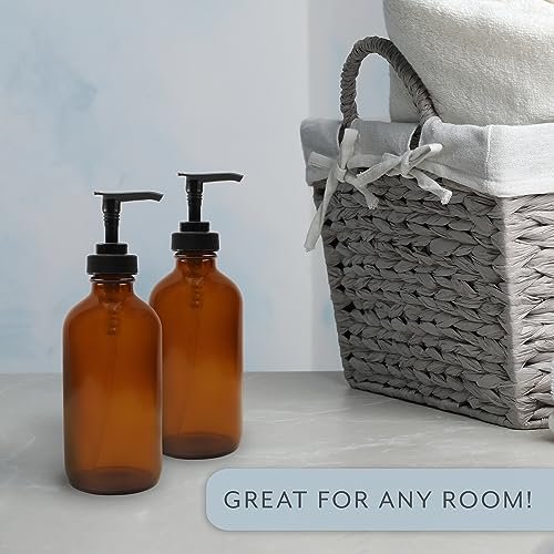 Cornucopia Brands 8oz Glass Pump Bottles, Pack of 4 - Amber Brown Lotion Soap Dispensers with Black Plastic Pumps Avelisse