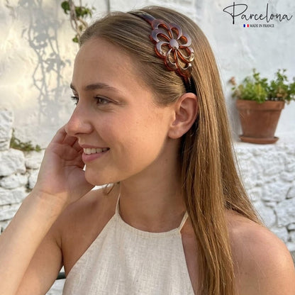 Parcelona French Wide Flower Tortoise Shell Brown Celluloid Acetate Hair Headband