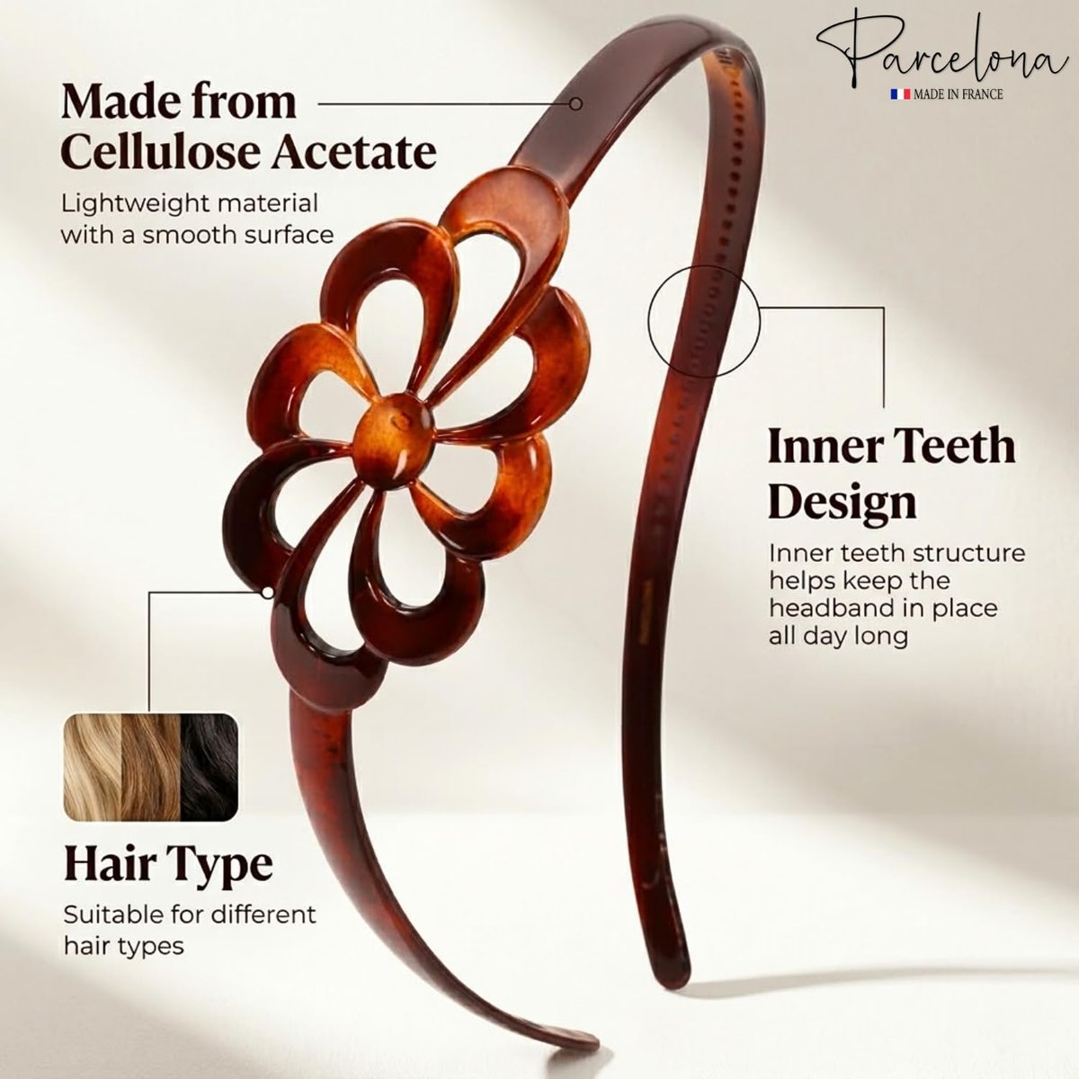 Parcelona French Wide Flower Tortoise Shell Brown Celluloid Acetate Hair Headband - görsel 7