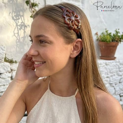 Parcelona French Wide Flower Tortoise Shell Brown Celluloid Acetate Hair Headband
