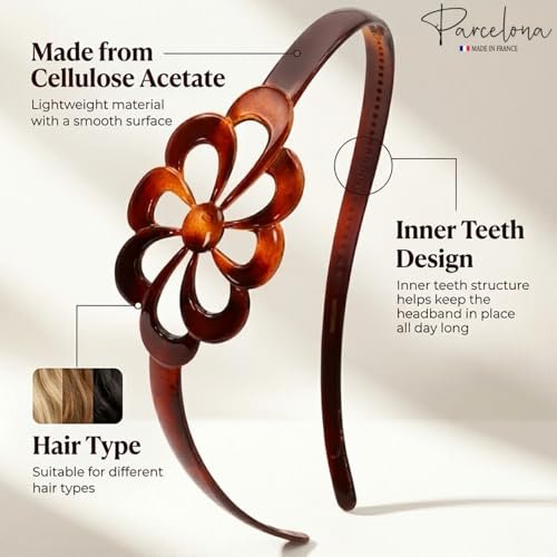 Parcelona French Wide Flower Tortoise Shell Brown Celluloid Acetate Hair Headband - görsel 8