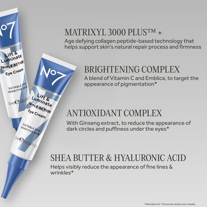 No7 Lift & Luminate Triple Action Under Eye Cream - Dark Circles Treatment with Vitamin C & Collagen Peptide Technology, Reduces Puffiness & Wrinkles (0.5 Oz) Avelisse