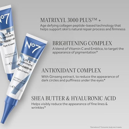 No7 Lift & Luminate Triple Action Under Eye Cream - Dark Circles Treatment with Vitamin C & Collagen Peptide Technology, Reduces Puffiness & Wrinkles (0.5 Oz) Avelisse